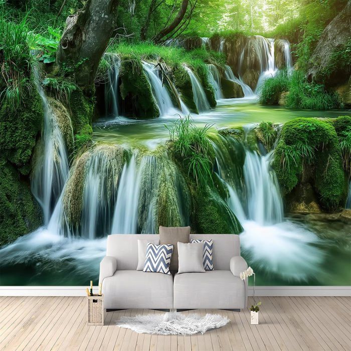Papier Peint 3D Paysage Cascade Vert Forêt 400x280 cm Panoramique ...