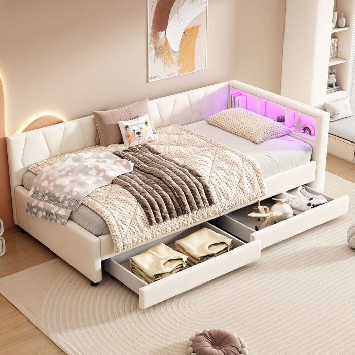 Canapé-Lit 90 x 200 cm compartiment de rangement au lit USB-C éclairage LED deux tiroirs lin beige