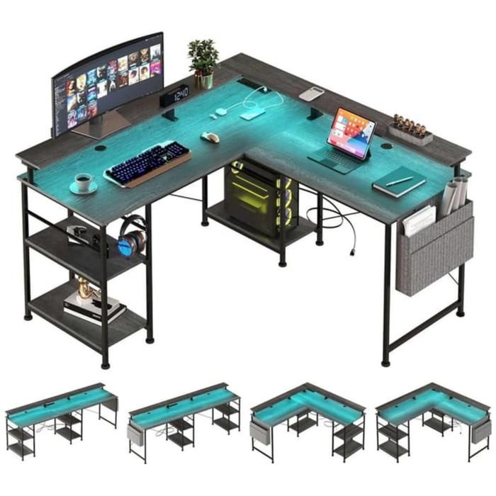 Bureau en L bande lumineuse RGB étagère de rangement ports de recharge adapté au travail de bureau et aux jeux vidéo gris