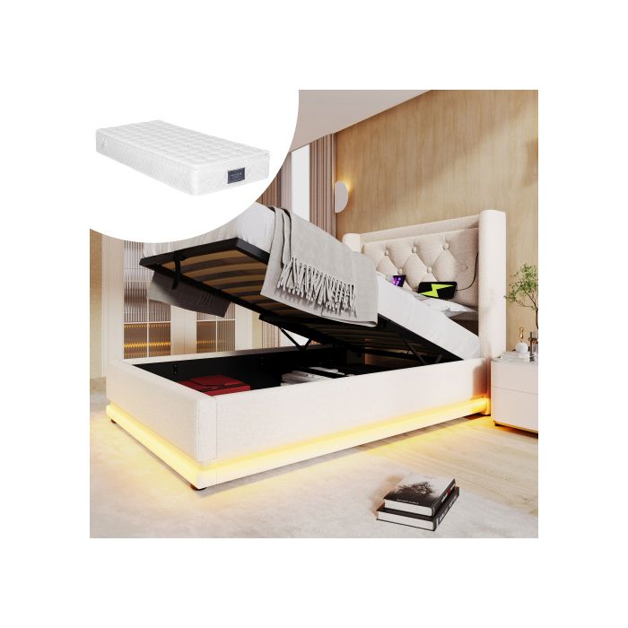 Lit Coffre - SOGEU - 90x200 cm - Matelas 7 zones inclus - LED multicolore - USB‑C intégré