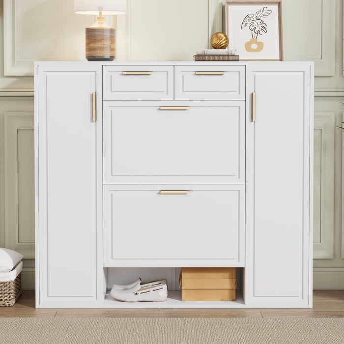 Meuble à chaussures moderne 120x24x107cm - 2 portes et 2 tiroirs - 2 portes abattants - Blanc