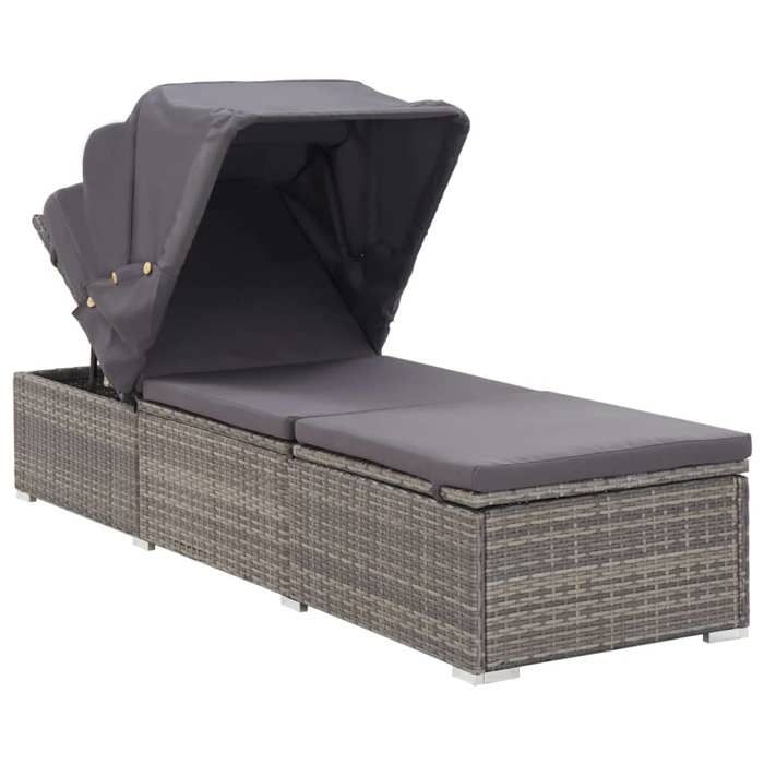 Gris Chaise longue - Bain de Soleil - Pour Vacances - avec auvent et coussin Résine tressée Gris - Hauteur:110 cm 7504