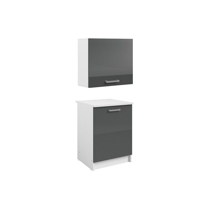 Caissons de cuisine - 1 meuble bas & 1 meuble haut - 2 portes - Gris brillant et blanc - TRATTORIA Caissons de cuisine - 1 meuble bas & 1 meuble haut - 2 portes - Gris brillant et blanc - TRATTORIA
