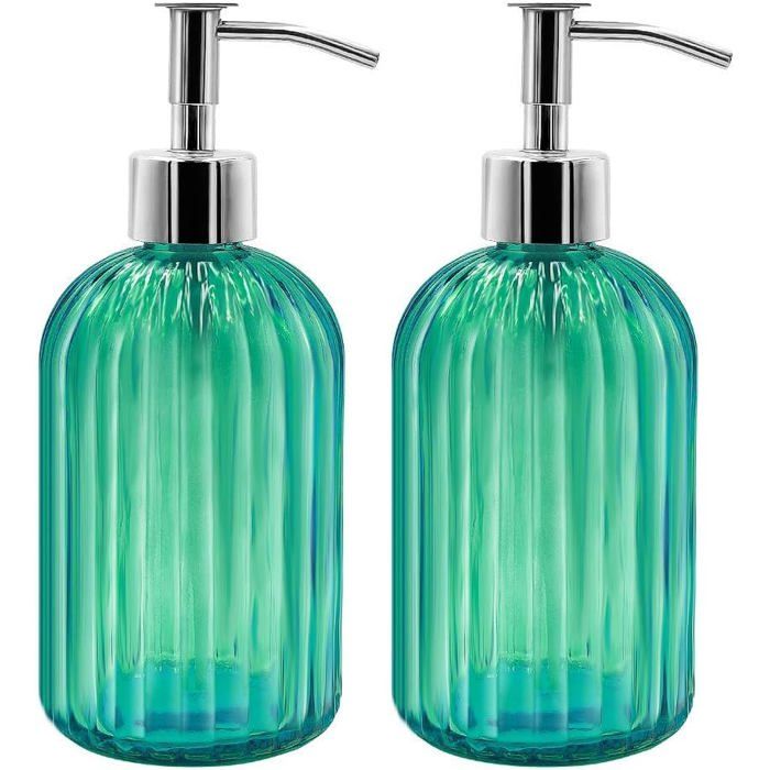 Lot de 2 Distributeur de Savon en Verre 400 ML Distributeurs de Savon Liquide avec Pompe Rechargeables Distributeurs (Vert)