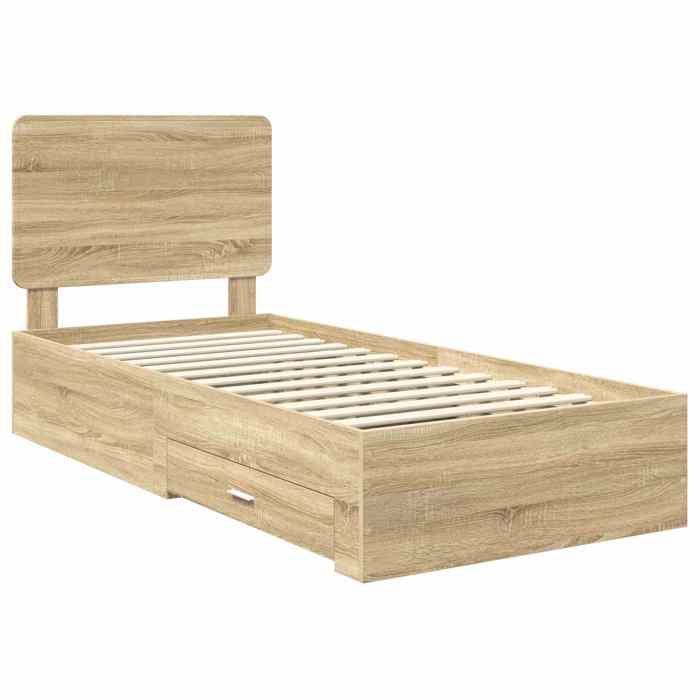 Structure de lit en bois dingénierie - UU - Chêne Sonoma - 90x190 cm - Tiroirs intégrés - Cadre à lattes