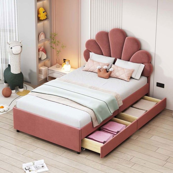 Lit coffre - Tête de lit pétale - Tissu velours - 2 tiroirs - 90 x 200 cm