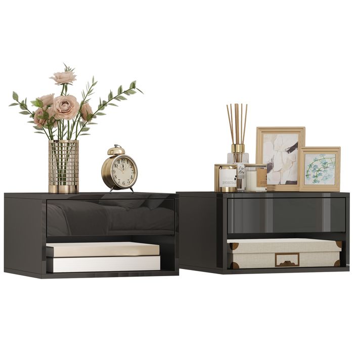 Lot de 2 tables de chevet murales - HOMCOM - tiroir compartiment ouvert plateau - panneau de particules - 37x32x21cm - noir