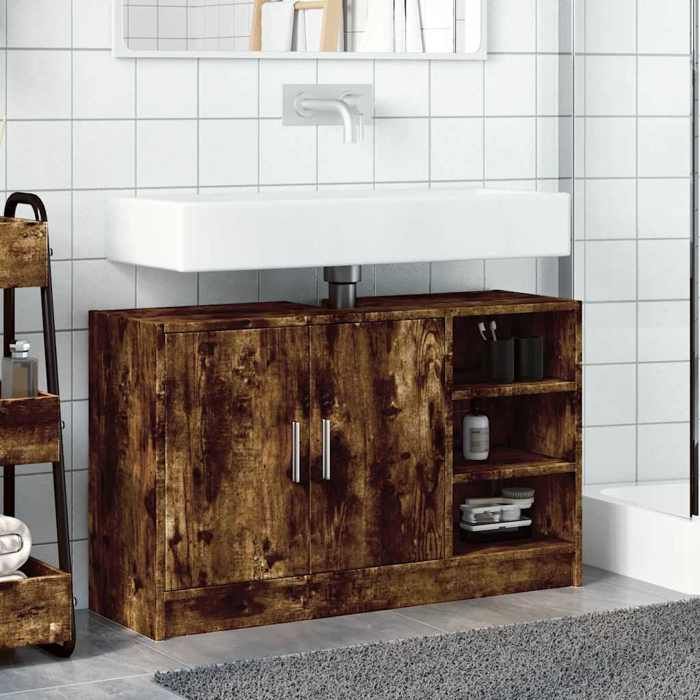 Promo printemps Armoire dévier CLARENCE Cabinet Sous vasque Cabinet de toilette， chêne fumé 90x29x55 cm bois dingénierie - M9794