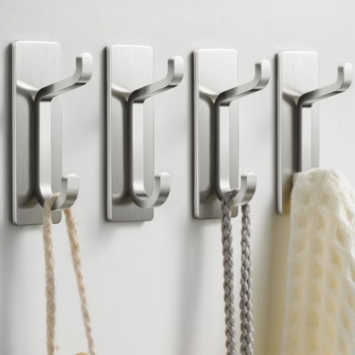 Crochets muraux pour manteaux et serviettes : supports de porte adhésifs de 6 kg nickel brossé