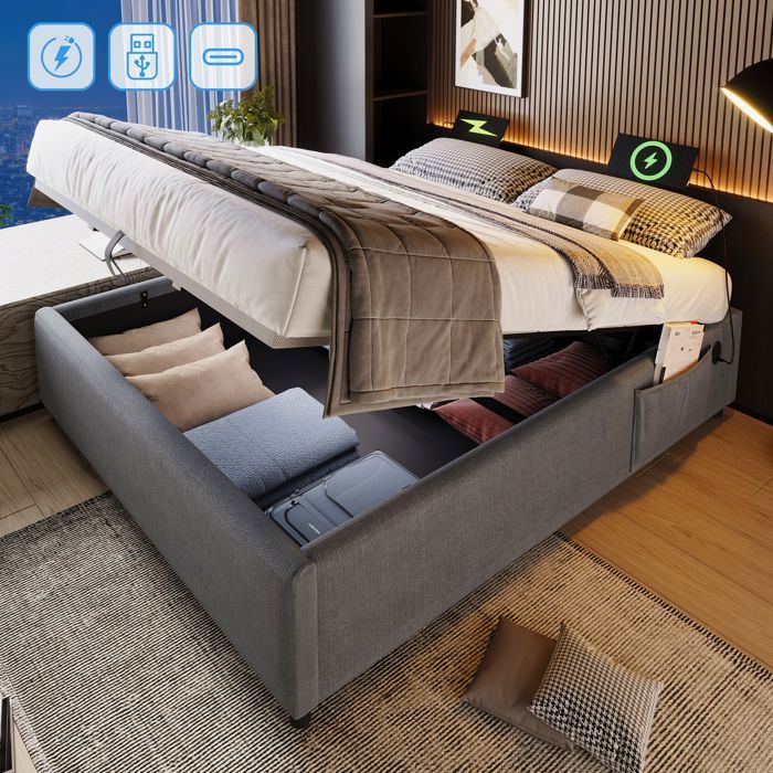 Lit Coffre Double - MERAX - 140 x 200 cm - Gris - Ports USB/USB-C - Sommier bois massif - sans Tête de Lit