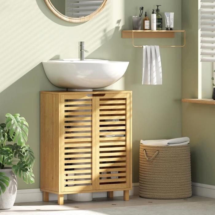 Meuble vasque de salle de bain armoire de salle de bain avec portes à lattes bois de bambou étagères réglables naturel