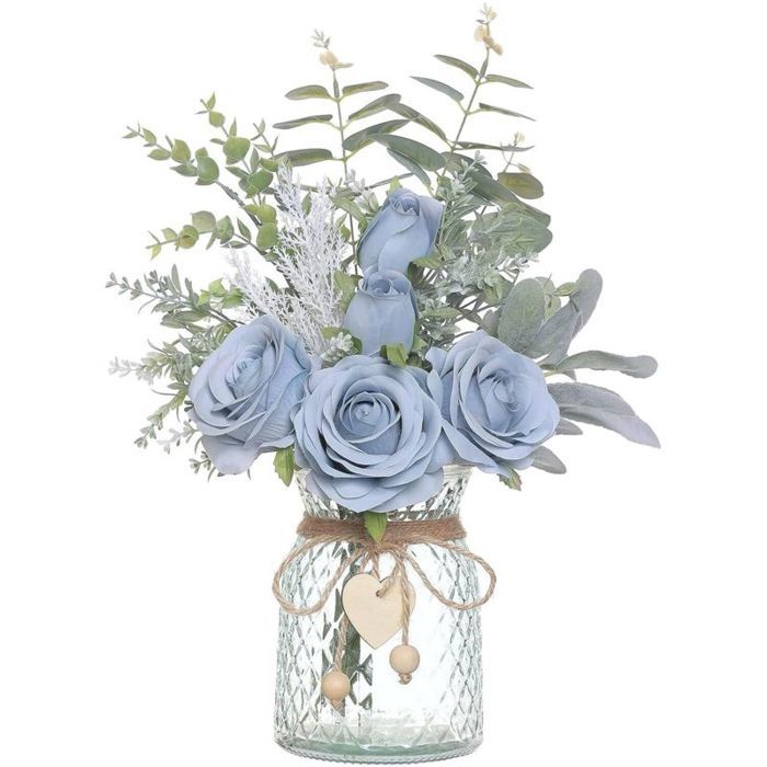 Fleurs artificielles roses en soie artificielles en vase composition florale artificielle roses dimitation sans vase (bleu)
