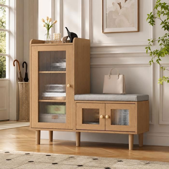 Meuble à chaussures avec banc armoire d’entrée en bois naturel coussin et portes vitrées rangement pour couloir