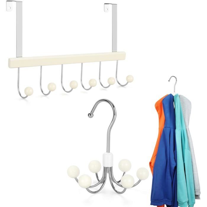 Patère de porte 6 crochets rangement vêtements et sweats modèle suspendu gain de place métal et bois