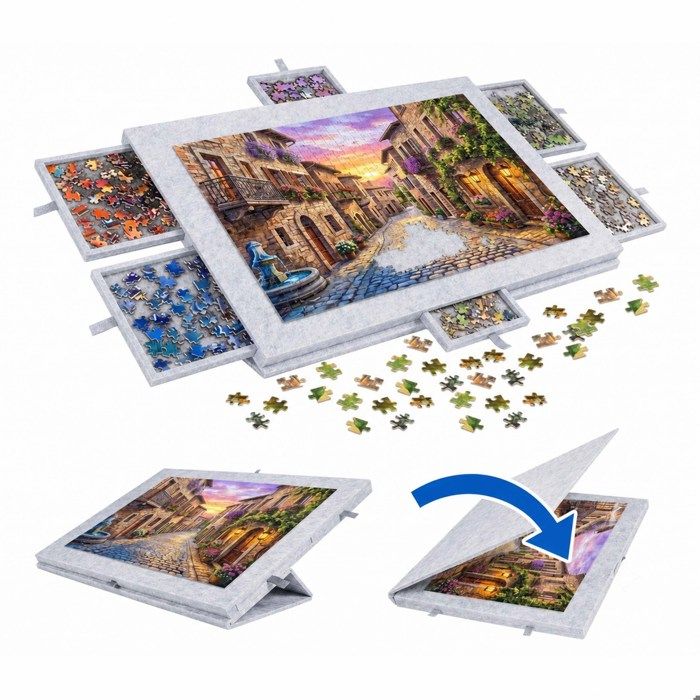 Relaxdays Plateau de puzzle 1 000 pièces support inclinable 6 tiroirs feutre housse gris clair