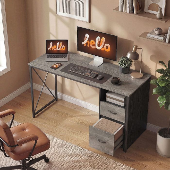 Bureau d’ordinateur industriel 120 x 50 cm gris clair avec compartiment et 2 tiroirs pour bureau