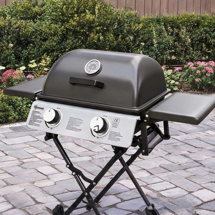 Barbecue au gaz portable 2 brûleurs 56 kW design valise thermomètre surface 1800 cm² noir acier