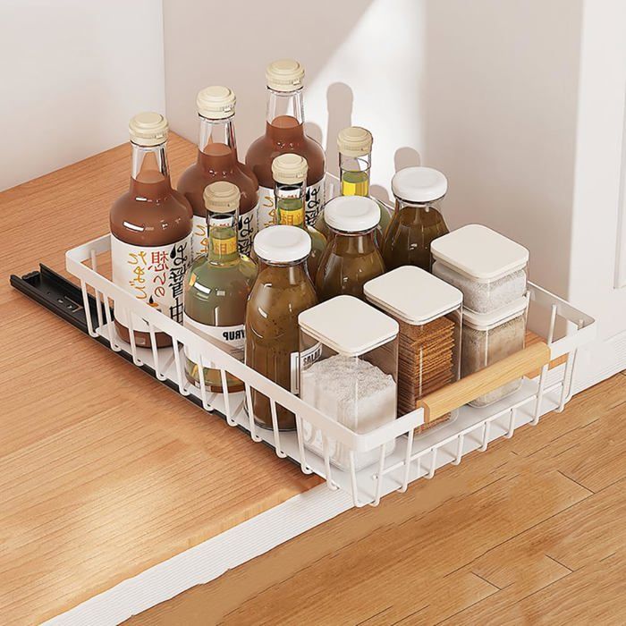 Tiroir télescopique extensible poignée étagères métal armoires cuisine salle de bain 395L x 28P x 98H cm blanc