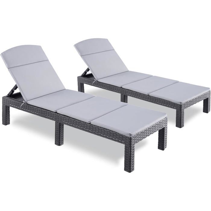 Bain de soleil gris lot 2 - chaise longue résine imitation rotin tressé - coussin confort dossier réglable - 186 x 60 x 29 cm