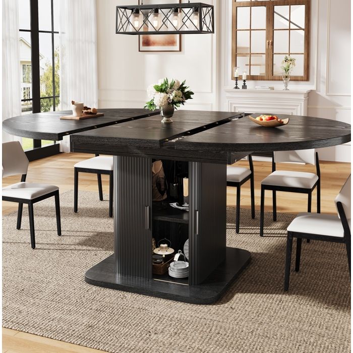 Table à manger extensible ovale avec rangement MDF et métal noire 110 à 1498 cm