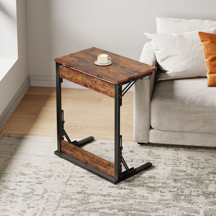 Table d’appoint - ZEVKOR - Pliante en C - Pieds réglables - Plateau aspect bois rustique - Cadre métal 60×37×71 cm