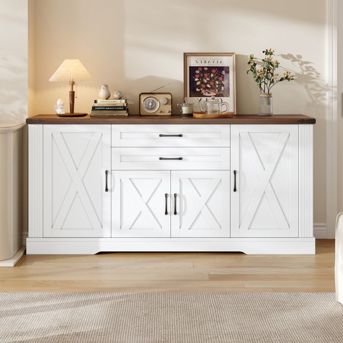 Buffet bahut enfilade blanc 160 cm 4 portes 2 tiroirs plateau marron MDF panneaux de particules style campagne ORVRYN