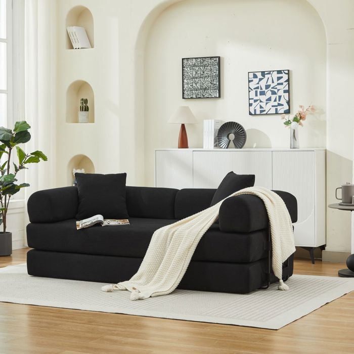 Canapé-lit - SOGEU - Style futon - Velours côtelé - Matelas mousse et ressorts - 2 coussins inclus