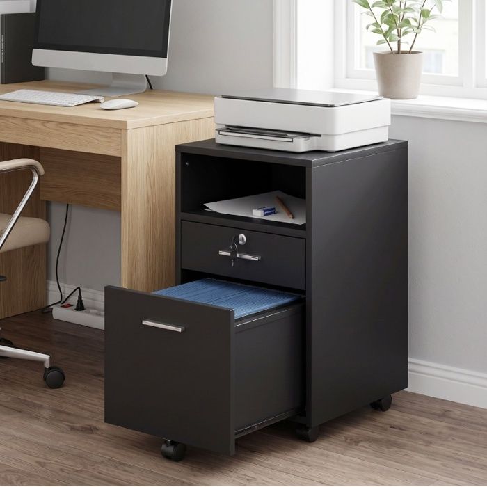 Caisson de bureau à roulettes – 2 tiroirs verrouillable – Noir – MDF – 40 x 40 x 65 cm