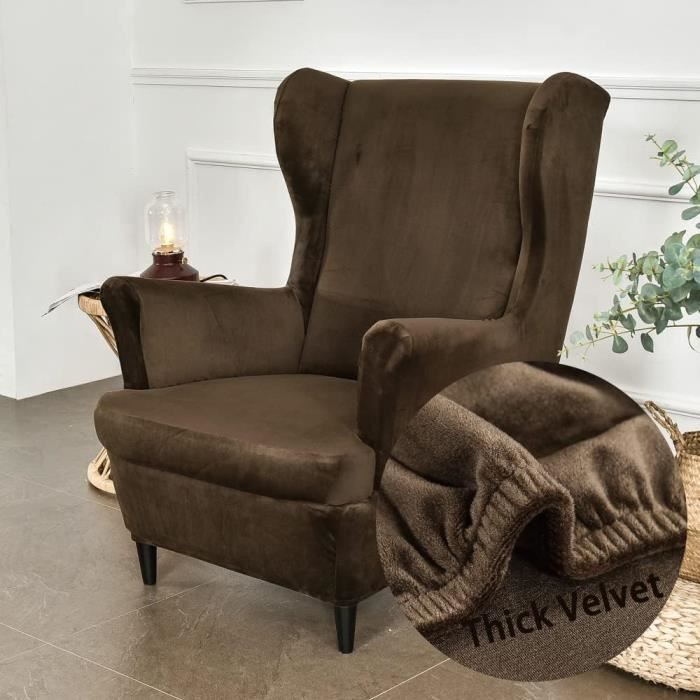 Housse 2 Pièces Pour Fauteuil à Oreilles En Velours Extensible - Protection Et Relooking Canapé - Marron