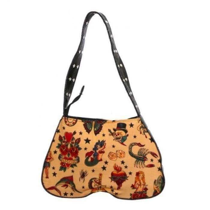 Sac a main Rockabilly Tissus beige imprime Pin up retro Dimensions 19x30x9 cm