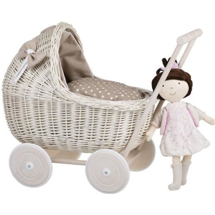 Landau poussette pour poup e en osier blanc creme Cdiscount