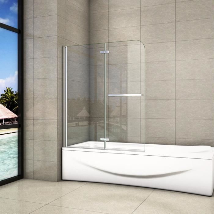 Pare baignoire rabattable profilés blanc paroi de baignoire réversible écran baignoire avec 3 volets pivotants pare-douche pliant 127 x 130 cm verre transparent