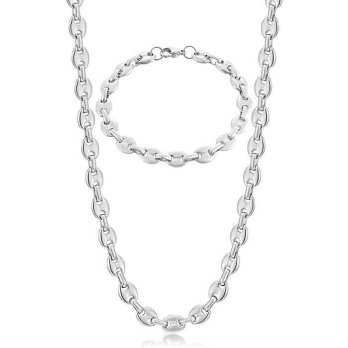 Chaine Maille Grain de Café Homme Collier et Bracelet en Acier Inoxydable, 6mm 9mm 11mm Argent-Or-Noir[401]