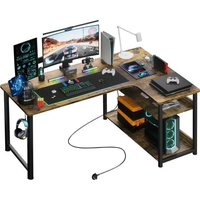 Bureau Gaming en Forme de L Marron - Étagères Rangement - Port de Charge USB - Prise de Courant