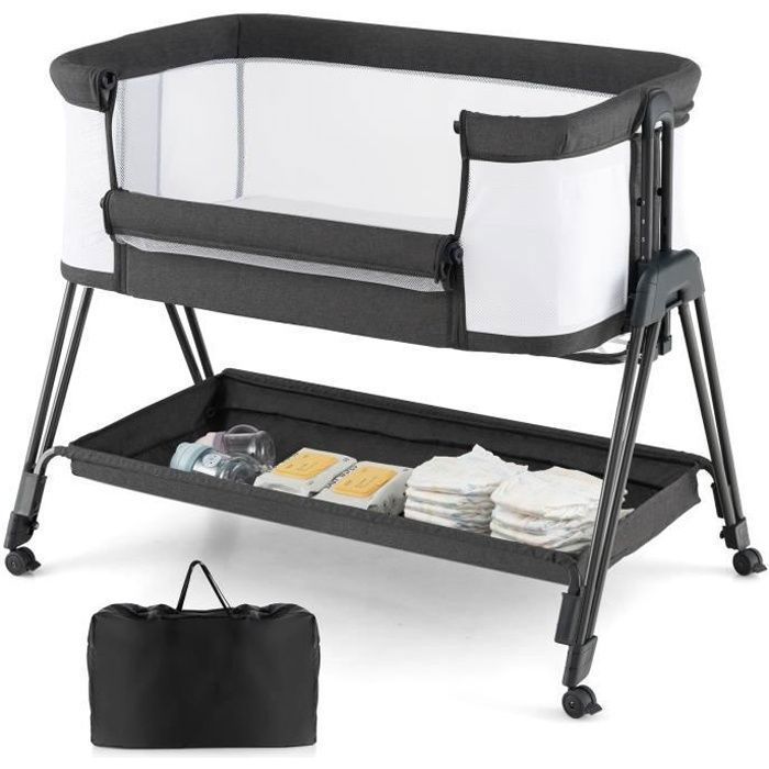 COSTWAY Lit Cododo Berceau Bébé avec Matelas 4 Roues Verrouillables Sangles AttachéEtagère de Rangement 7 Hauteurs Réglables