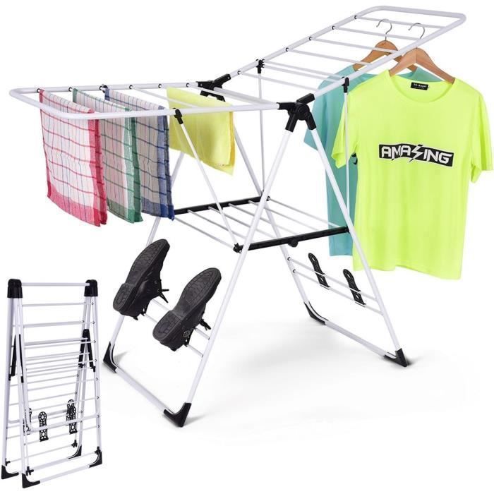 COSTWAY Étendoir Linge Pliable en Metal 19 Barres 4 Porte-chaussures- Sechoir à Linge à 2 Niveaux Grande Surface dEtendage