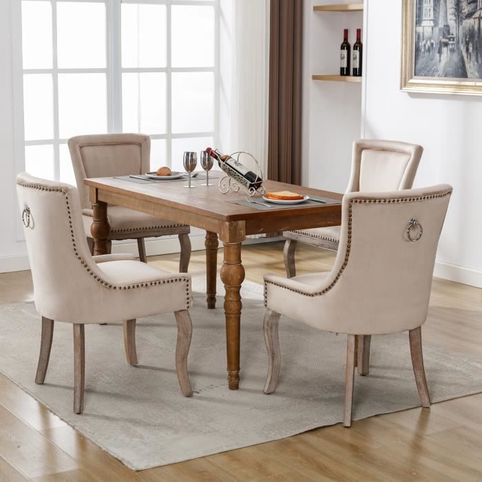 dripex lot de 4 chaises de salle à manger campagne-pieds en bois massif-chaise de salon en velours pour bureau cuisine bar ,beige