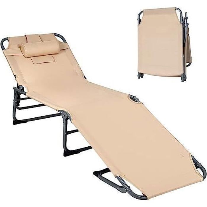 GOPLUS Chaise Longue Extérieur Pliante Transat Jardin Réglable à 6 Positions Bain de Soleil pour Terrasse Plage Beige