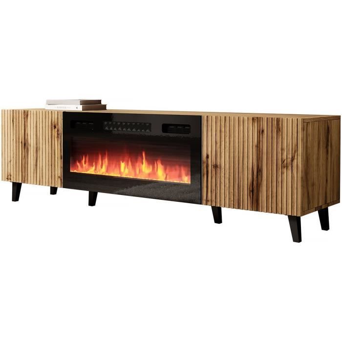 Meuble TV Avec Cheminée électrique Serkuzo EF 2D - 190 Cm, Flamme LED Réaliste, Chauffage Réglable, Design Noir Brillant - 2