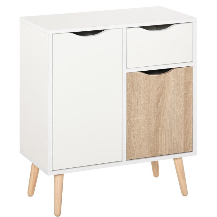 Buffet - meuble de rangement - HOMCOM - design scandinave 2 placards tiroir coulissant - bois chêne - blanc