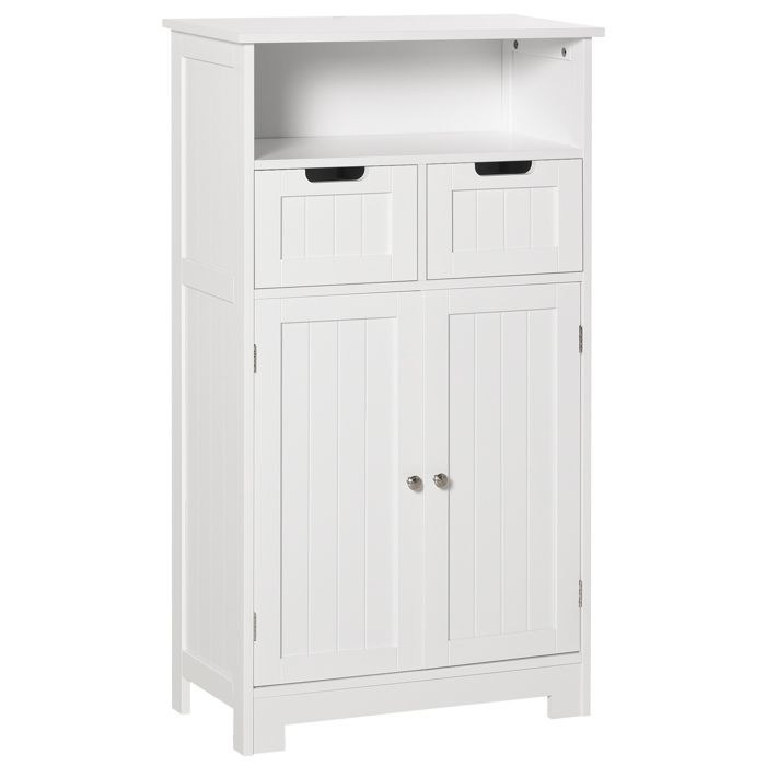 Meuble de salle de bain - kleankin - rangement 2 tiroirs niche placard porte étagère - bois - 60x30x109cm - blanc