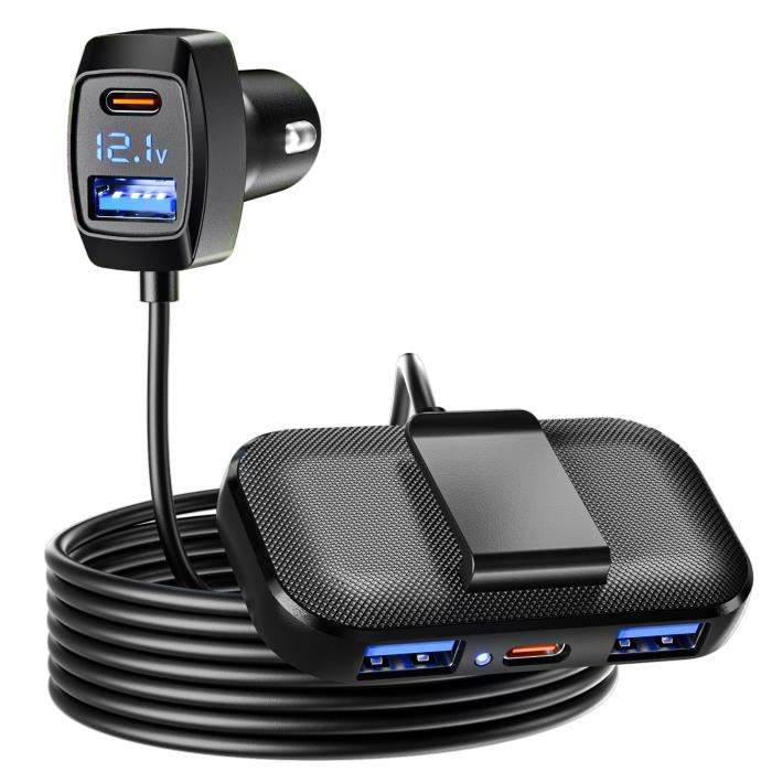 LENCENT 31W Chargeur Prise Allume Cigare Voiture,3 USB et 2 Type C,Câble1,5M,support détection de Voltage,pour iPhone Samsung Noir