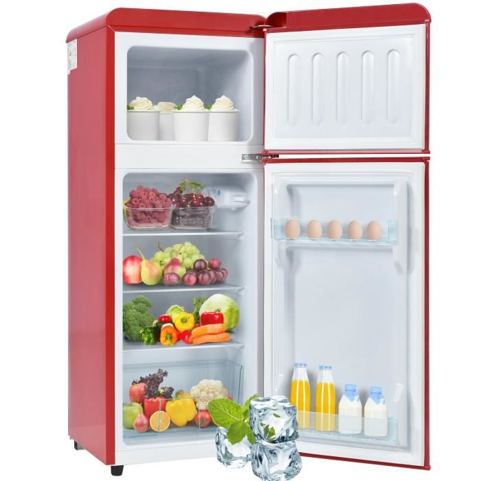 Refrigerateur congelateur en haut 92L (64L+28L) -27° à 13°- Lumière LED - Classe énergétique F - L41cm x H105.5cm - Rouge