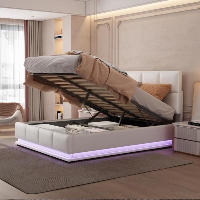 misnode lit rembourré lit de rangement avec éclairage led et lit élévateur hydraulique,cadre à lattes,lit double 140x200cm,blanc