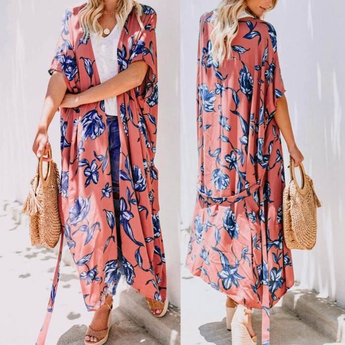 Hauts de Mode d'été pour Dames Femmes Haut à la Mode Manches Trois Quarts en Vrac Kimono Floral Cardigan en Mousseline châle Boho Plage Couvrir Veste de Plage légère Chemise en Mousseline de Soie