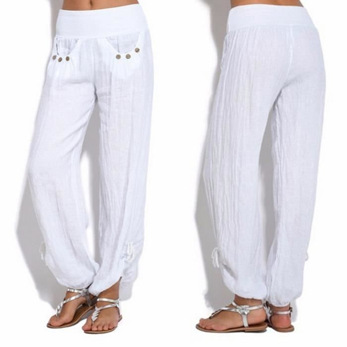 Mode Femmes Boutons Solides Coton Et Lin Casual Pantalon En Vrac Pantalon Large Blanc Blanc Cdiscount Pret A Porter