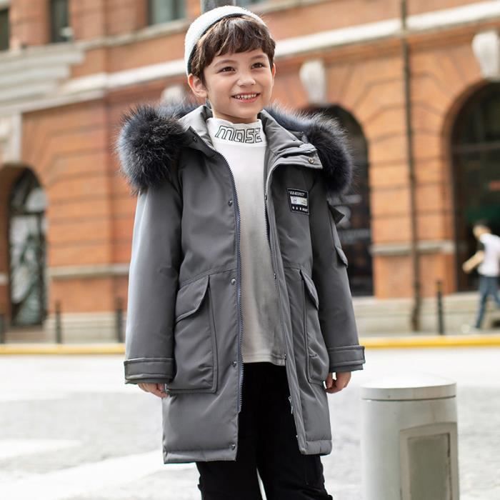 Doudoune Enfant Garcon Mi Longue Chaude Hiver Epaisse A Capuche De 6 a 16 ans Fausse Fourrure