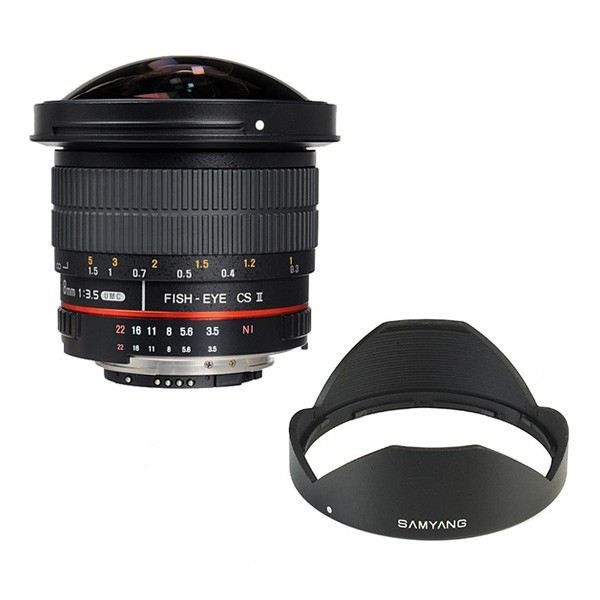 Objectif Samyang 8 mm F/3.5 UMC Fish Eye CS II pour Nikon - Ouverture F/3.5 - Distance focale 8 mm - Poids 410 g