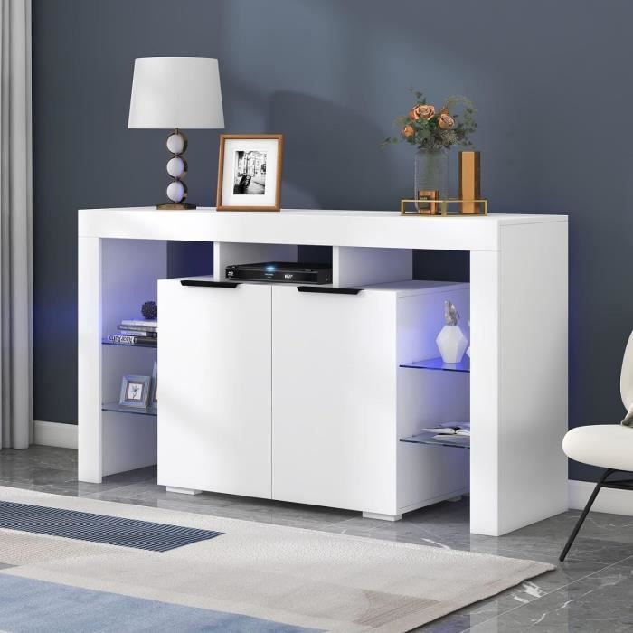 Armoire Vitrée Avec Éclairage LED - 140x40x80 Cm - 4 Étagères Verre Réglables, 2 Portes - Pour Salon, Entrée, Bureau (Blanc Brillant) - 8