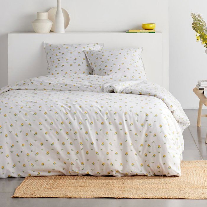 Parure de Lit - 260 x 240 cm - Coton Imprimé Floral Blanc avec Motif Citron - TODAY SUNSHINE